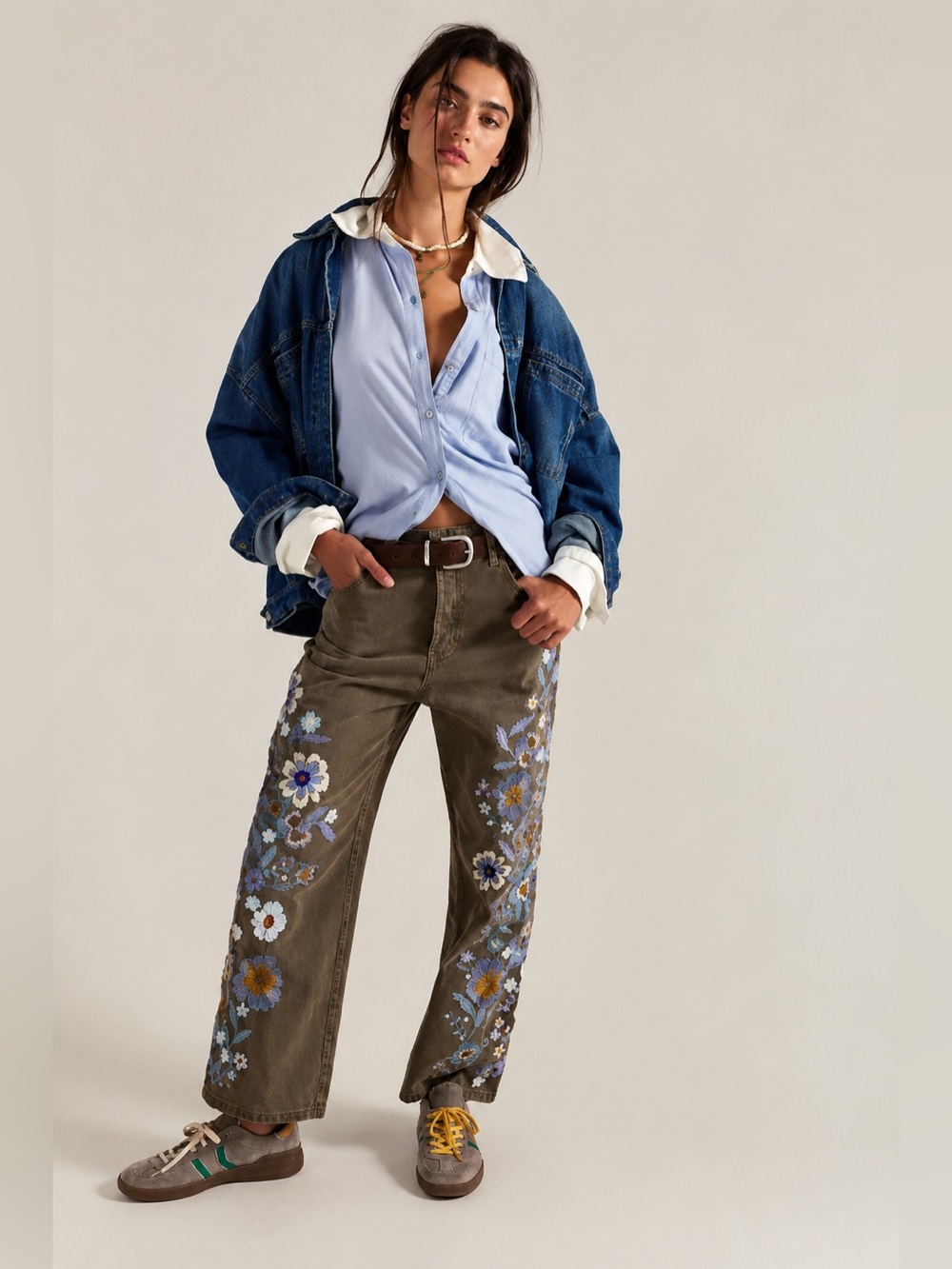 NWT Free People Olive Embroidered Floral Wide-Leg Jeans - we the free willow